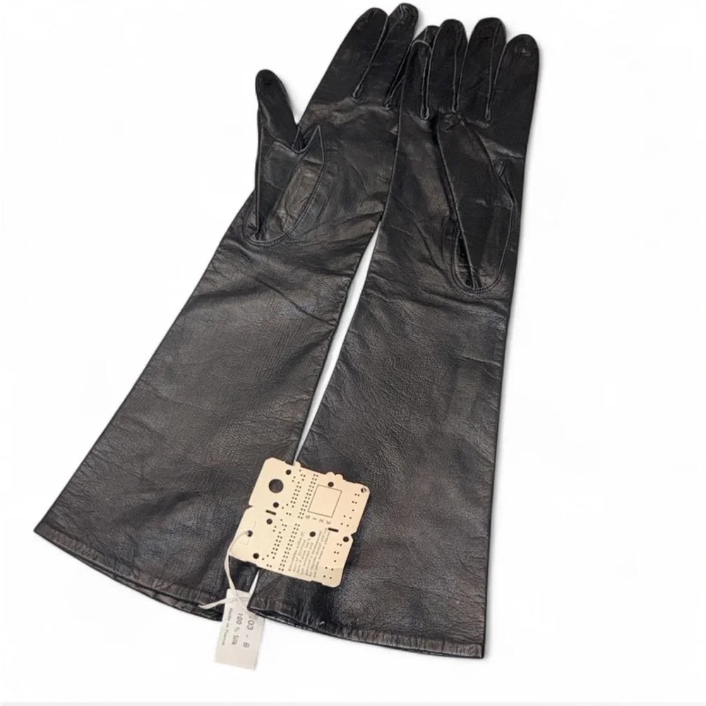 INSANE *** Vintage 50s NWT Black Leather & Silk Opera Gloves - made in France 🇫🇷 - Picture 2 of 8